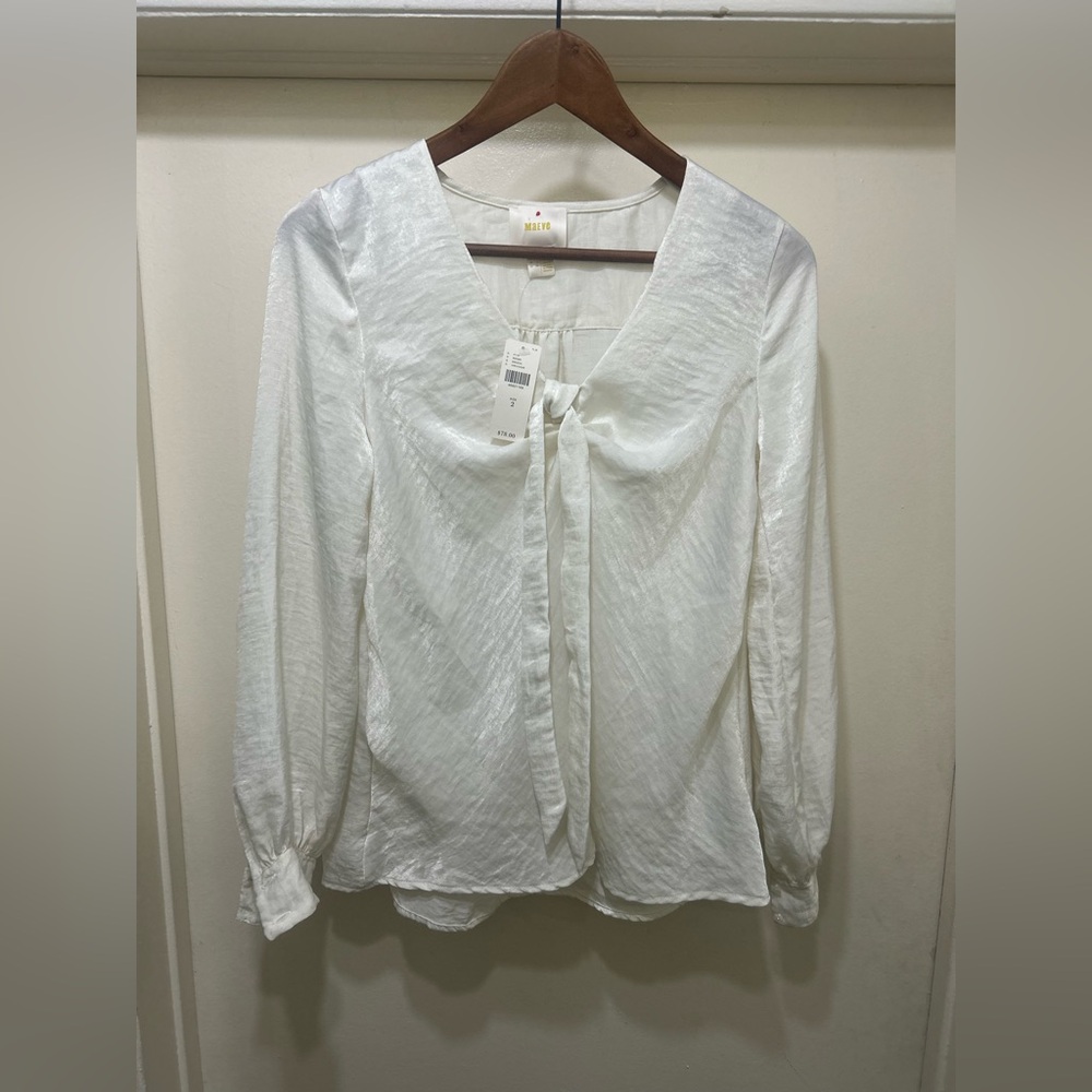 Maeve White Satin Tie Front Blouse NWT Anthropologie Romantic Cottagecore Top S